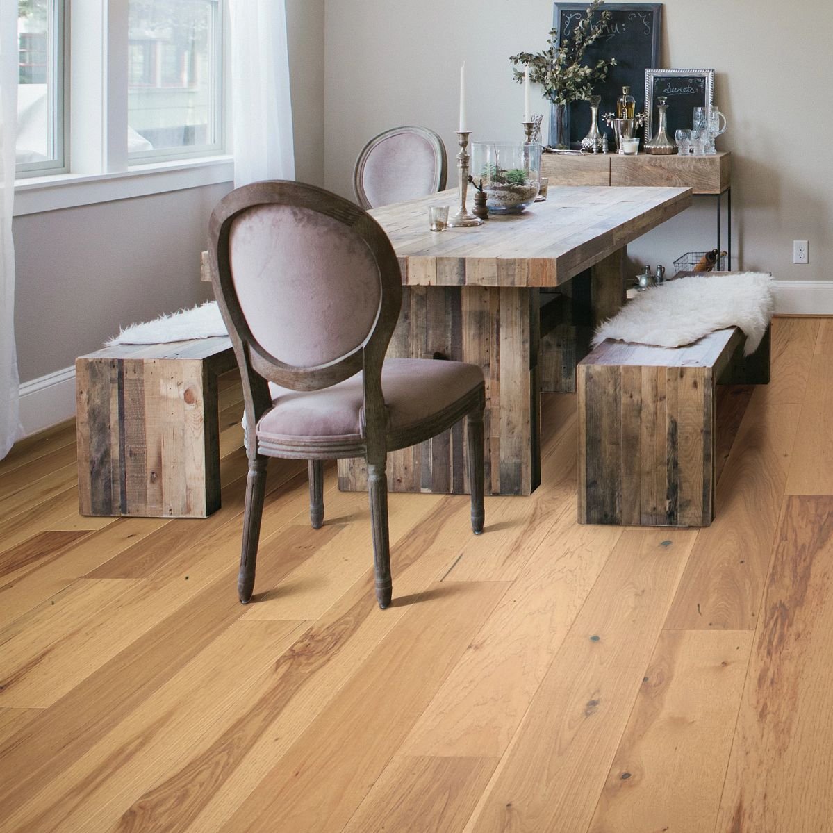 Dining room with hardwood flooring from Wholesale Flooring and Blinds in Casper, WY