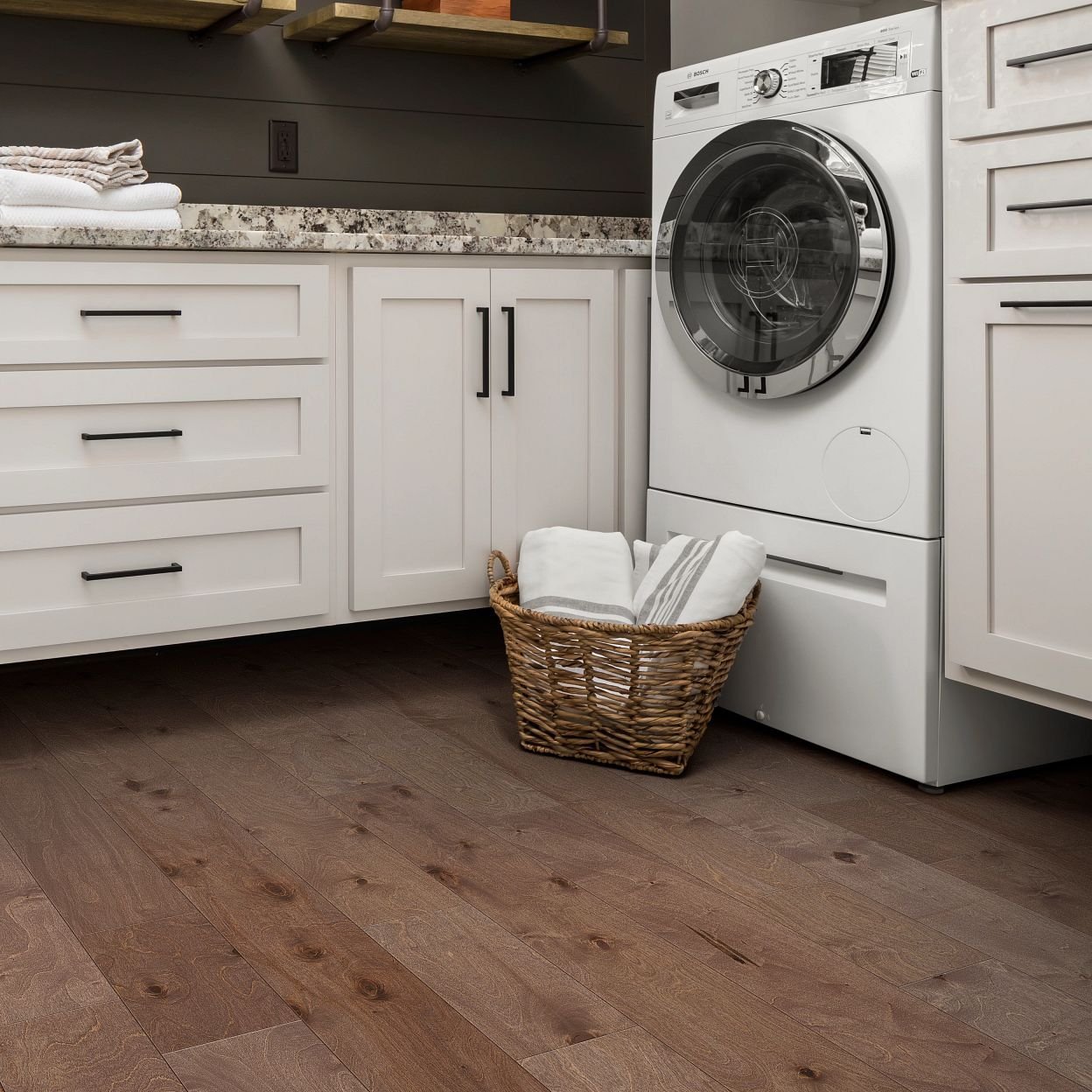 Laundry room with engineered hardwood flooring from Wholesale Flooring and Blinds in Casper, WY