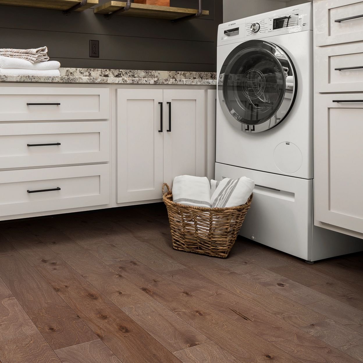 Laundry room with engineered hardwood flooring from Wholesale Flooring and Blinds in Casper, WY